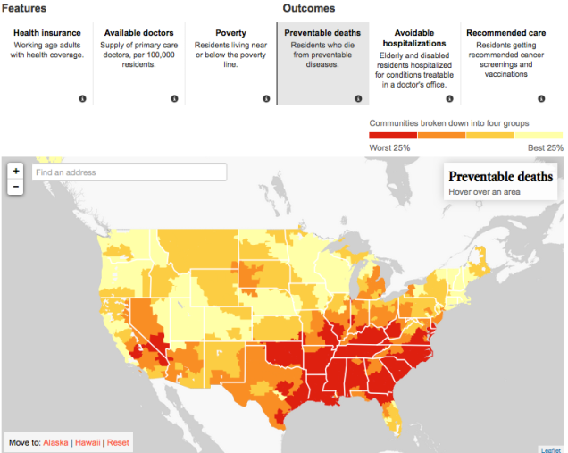 This is a screenshot of the map that shows the worst to best ranked areas where residents die from preventable deaths